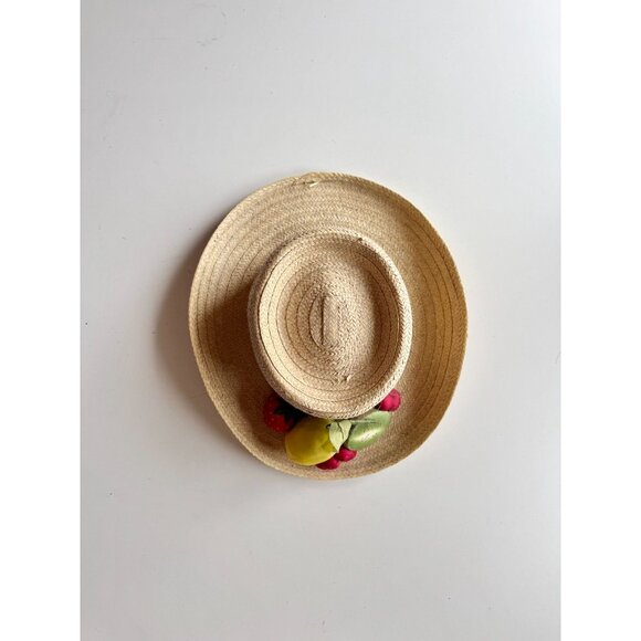 Vintage TOUCAN Straw Raffia Fake Fruit Embellished Gambler Hat, One Size - Picture 2 of 14